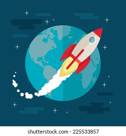 Flat design colorful vector illustration of flying rocket in space, concept for business startup, product launching on market isolated on stylish background 
