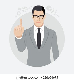 Flat design colorful vector illustration of young businessman holding up finger isolated on stylish background 
