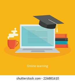 Flat Design Colorful Vector Illustration Concept For Distance Education, Online Learning For Web Banners And Print Materials. Isolated On Bright Background