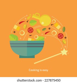 Flat design colorful vector illustration concept for easy cooking, trying recipes, culinary experiments isolated on bright background