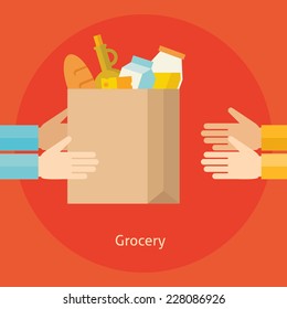 Flat design colorful vector illustration concept for grocery delivery isolated on bright background 