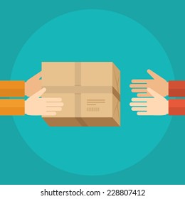 Flat design colorful vector illustration concept for delivery service, receiving package from courier to customer isolated on bright background