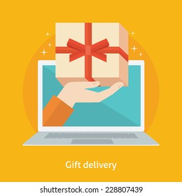 Flat design colorful vector illustration concept for online gifts ordering and delivery service isolated on bright background