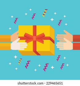 Flat design colorful vector illustration of hands giving gift box to hands of receiver isolated on bright background 