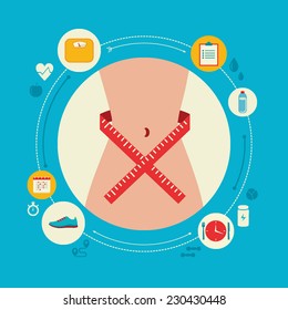 Flat design colorful vector illustration concept for keeping fit, weight loss, fitness, dieting, nutrition regime, healthy lifestyle isolated on bright background