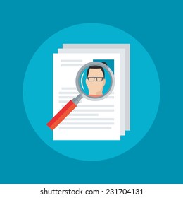 Flat design colorful vector illustration concept for human resources management, searching employees, headhunting, analyzing personnel resume isolated on bright background