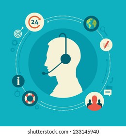 Flat design colorful vector illustration concept for call center, client support service isolated on bright background 