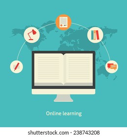 Flat design colorful vector illustration concept for distance education, online learning, certificate programs for web banners and print materials isolated on bright backgrounds 