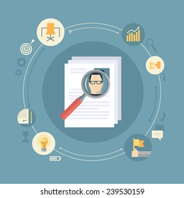 Flat design colorful vector illustration concept for human resource management, searching efficient staff, selecting best employees, analyzing personnel resume isolated on stylish background 