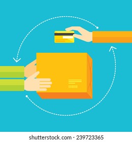 Flat design colorful vector illustration concept for e-commerce, online shopping, payment  with card, delivery service isolated on bright background 