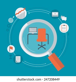Flat design colorful vector illustration concept for searching job, looking for a vacancy, professional development, successful career isolated on bright background 
