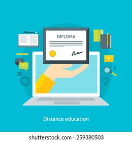 Flat design colorful vector illustration concept for distance education, online learning, certificate programs. Isolated on bright background
