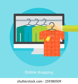 Flat design colorful vector illustration concept for online shopping, buying clothes in an internet store, e-commerce. Isolated on bright background