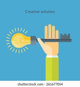 Flat design colorful vector illustration of hand holding key with light bulb, concept for creative solution. Isolated on bright background