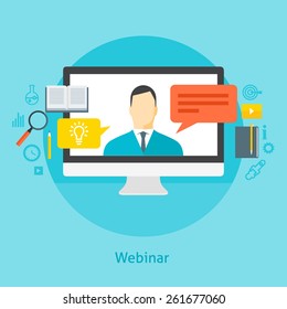 Flat design colorful vector illustration concept for webinar, online learning, professional lectures in internet. Isolated on bright background