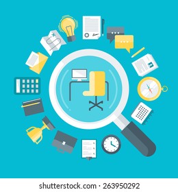 Flat design colorful vector illustration concept for searching job, looking for a vacancy, professional development, career opportunities isolated on bright background 