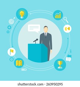 Flat design colorful vector illustration concept for public speech, conference, lecture, professional training, business presentation isolated on bright background