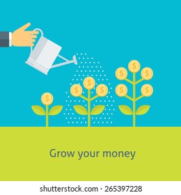 Flat design colorful vector illustration of a hand watering money plants, concept for making money, investment, getting profit, financial management isolated on light background 