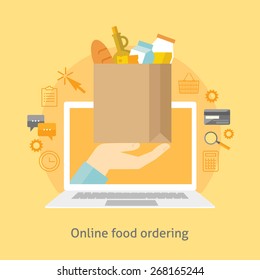 Flat design colorful vector illustration concept for online ordering of food, grocery delivery, e-commerce isolated on bright background 