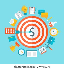 Flat design colorful vector illustration concept for strategic management, financial strategy, getting profit, business process isolated on bright background