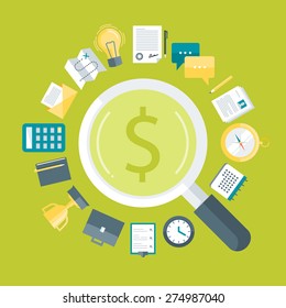 Flat design colorful vector illustration concept for searching money for business idea, financial strategy, business process isolated on bright background