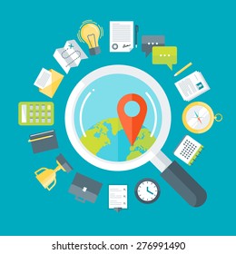 Flat design colorful vector illustration concept for marketing research, market analysis and segmentation, strategy isolated on bright background 