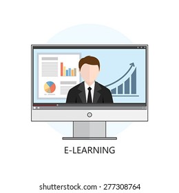 Flat design colorful vector illustration concept for webinar, online learning, professional lectures in internet. Isolated on white background