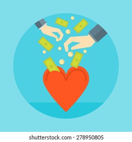 Flat design colorful vector illustration concept for charity, donating money, non profit projects isolated on bright background 