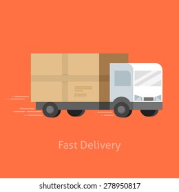 Flat design colorful vector illustration of a moving lorry, concept for delivery service isolated on bright background