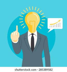 Flat design colorful vector illustration of man with light bulb head holding up finger, concept for creative efficient employee, bright business idea isolated on bright  background