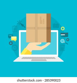 Flat design colorful vector illustration concept for fast delivery service, e-commerce, e-shopping, ordering goods in online store isolated on bright background 