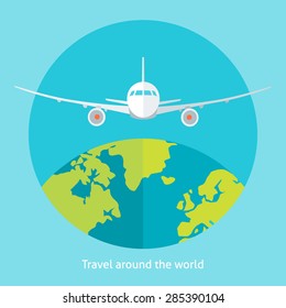 Flat design colorful vector illustration of flying plane above the earth, concept for traveling by plane, international flights. Isolated on bright background