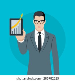 Flat design colorful vector illustration of young businessman showing graphics on tablet, concept for effective management, successful campaign isolated on light background