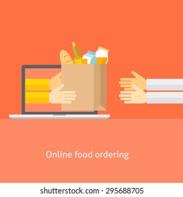 Flat Design Colorful Vector Illustration Concept For Online Ordering Of Food, Grocery Delivery, E-commerce Isolated On Bright Background 