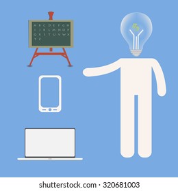 Flat design colorful vector illustration of man with light bulb head holding up finger, concept for borad,computer and mobilephone, bright business idea isolated on blue background
