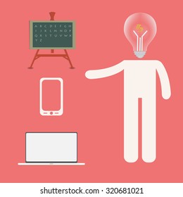 Flat design colorful vector illustration of man with light bulb head holding up finger, concept for borad,computer and mobilephone, bright business idea isolated on red background