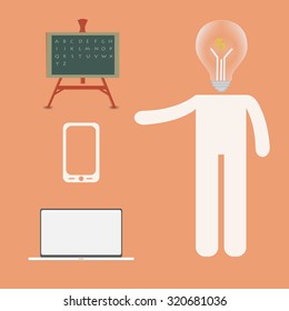 Flat design colorful vector illustration of man with light bulb head holding up finger, concept for borad,computer and mobilephone, bright business idea isolated on orange background