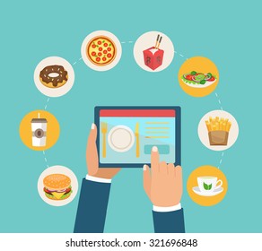 Flat design colorful vector illustration concept for delivery food, searching recipes, culinary instructions in internet, vector illustration.