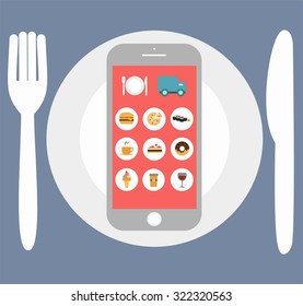 Flat design colorful vector illustration concept for cooking at home, searching recipes, culinary instructions  internet isolated.fast food delivery. app interface design with icons on mobile display