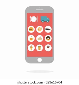 Flat design colorful vector illustration concept for cooking at home, searching recipes, culinary instructions internet isolated.fast food delivery. app interface design with icons on mobile display