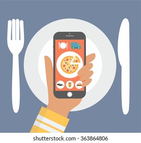 Flat design colorful vector illustration concept for cooking at home, searching recipes, culinary instructions internet isolated.fast food delivery. app interface design with icons on mobile display