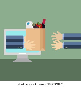 Flat design colorful vector illustration concept for online ordering of food, grocery delivery, e-commerce isolated on bright background 