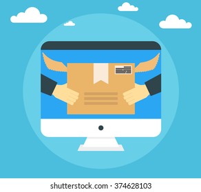 Flat design colorful vector illustration concept for fast delivery service. Hands carrying a box.