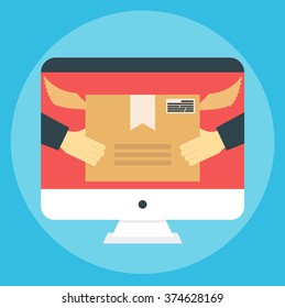 Flat design colorful vector illustration concept for fast delivery service. Hands carrying a box.