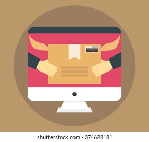 Flat design colorful vector illustration concept for fast delivery service. Hands carrying a box.