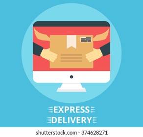 Flat design colorful vector illustration concept for fast delivery service. Hands carrying a box.