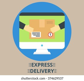 Flat design colorful vector illustration concept for fast delivery service. Hands carrying a box.