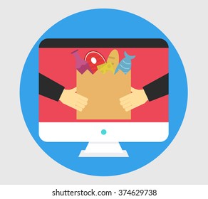 Flat design colorful vector illustration concept for online ordering of food, grocery delivery.