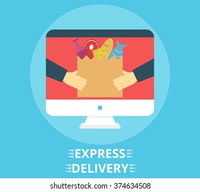 Flat design colorful vector illustration concept for online ordering of food, grocery delivery.