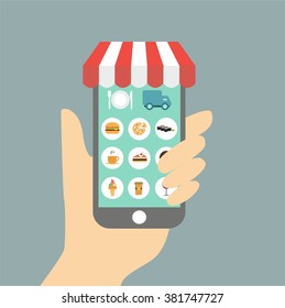 Flat design colorful vector illustration concept for cooking at home, searching recipes, culinary instructions internet isolated.fast food delivery. app interface design with icons on mobile display